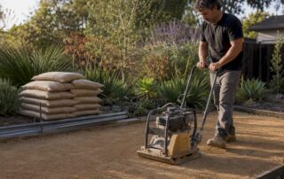 Homeowner compacting DG patio base