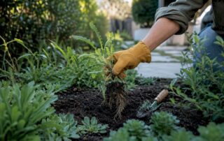 Gardener removing weed with entire root