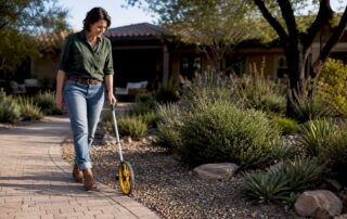 Designer measuring a drought-prone residential yard