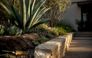 Sculptural succulent garden beside retaining wall