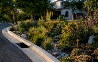 Mature bioswale filtering runoff beside home