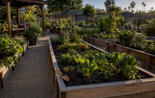 Organized community garden with shared growing beds