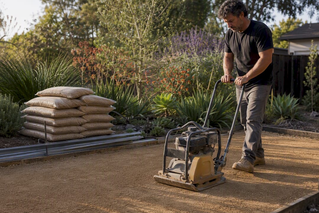 Homeowner compacting DG patio base