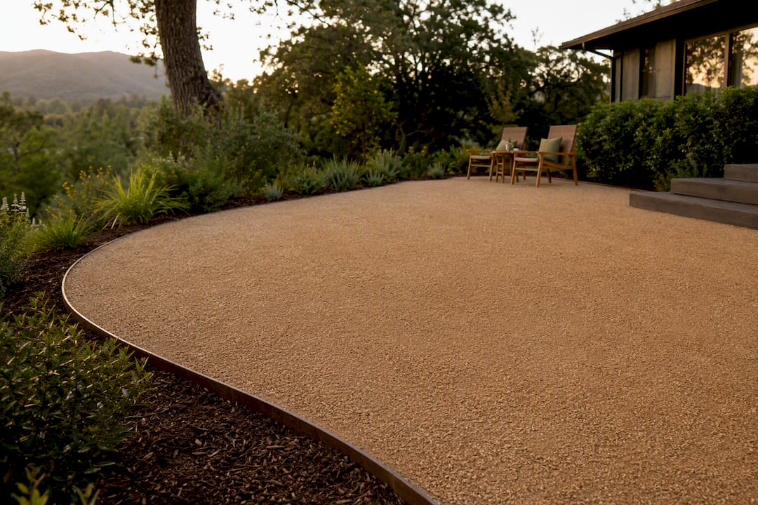 Steel edging holding decomposed granite patio