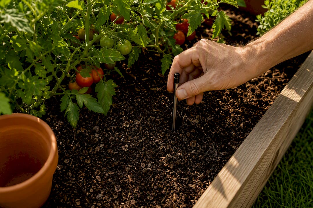 Hand checking moisture near tomato roots