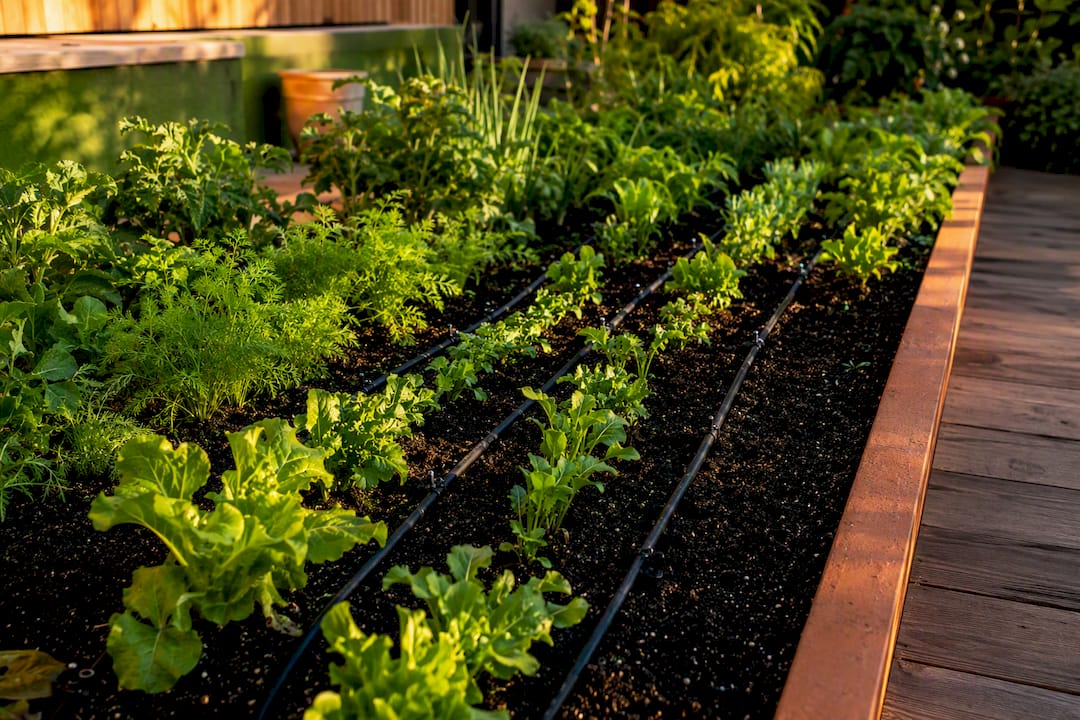 Drip lines watering a raised vegetable bed