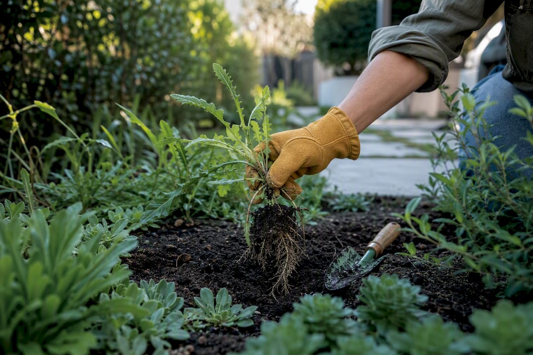 Gardener removing weed with entire root