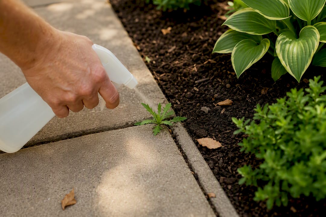 Targeted spray treating weed between pavers