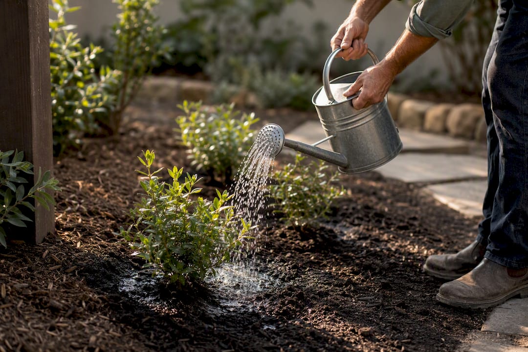 Newly planted shrubs receiving establishment watering