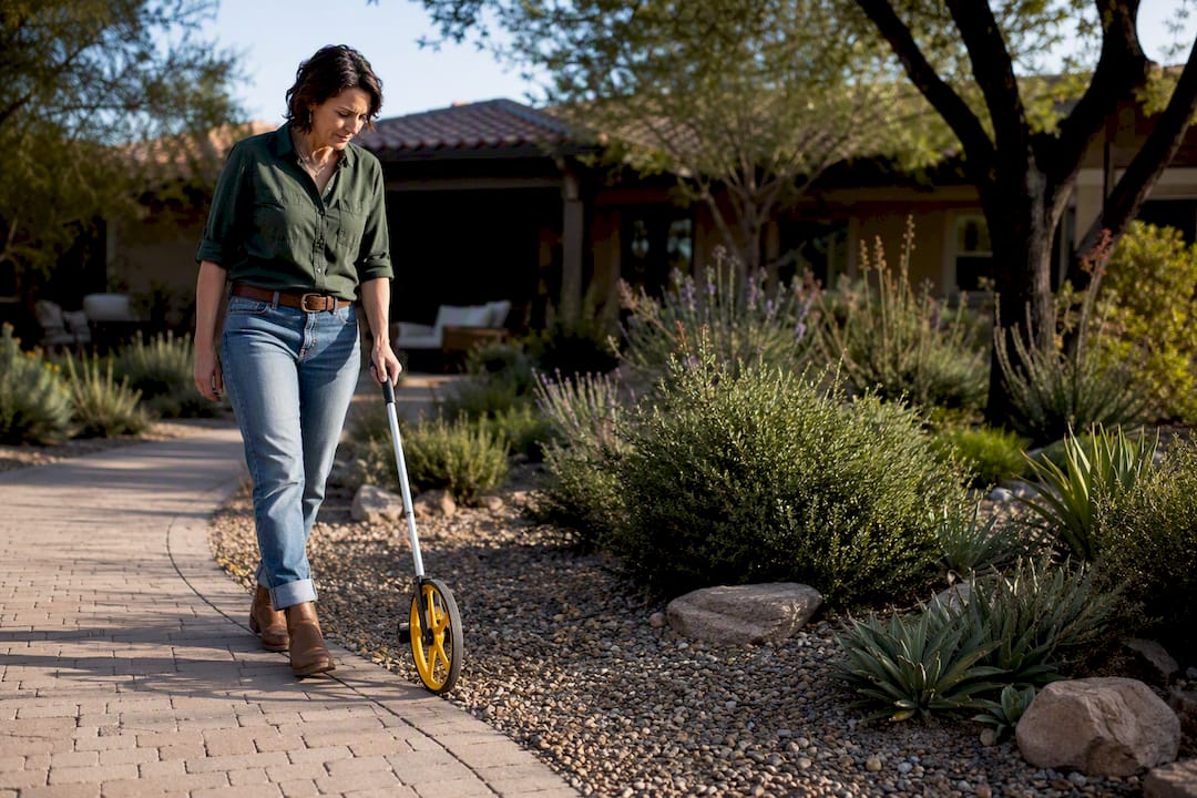 Designer measuring a drought-prone residential yard