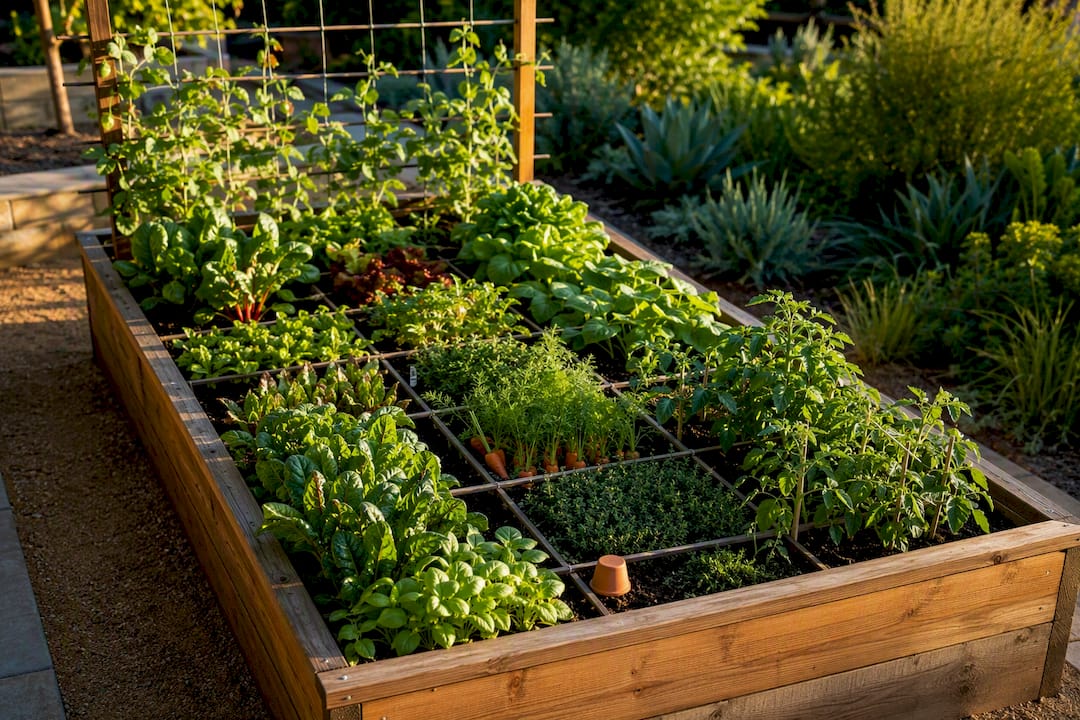Four-by-eight raised bed divided into planting squares