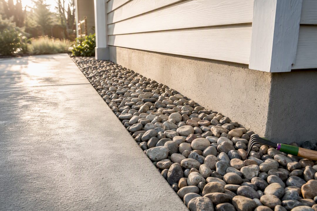Clean hardscape strip beside home foundation