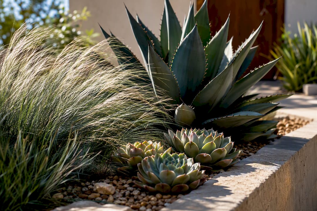 Blue fescue contrasting with Agave succulents