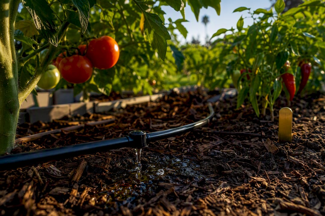 Drip emitter watering vegetable garden roots