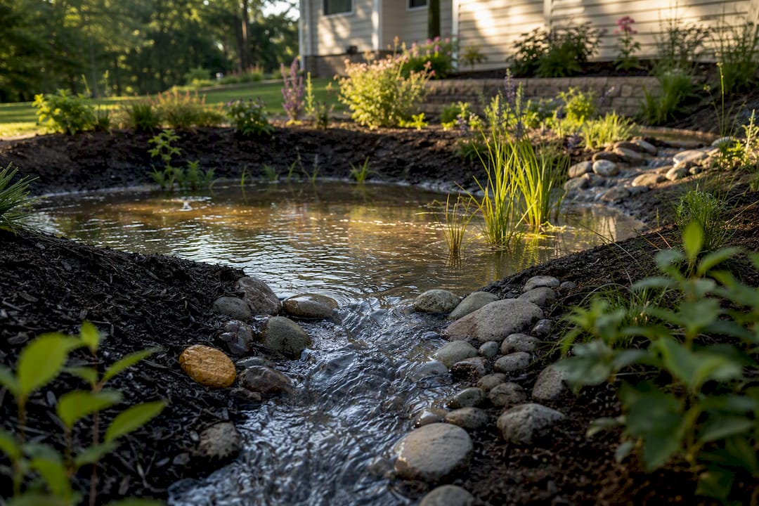 Rain garden basin with inlet and overflow
