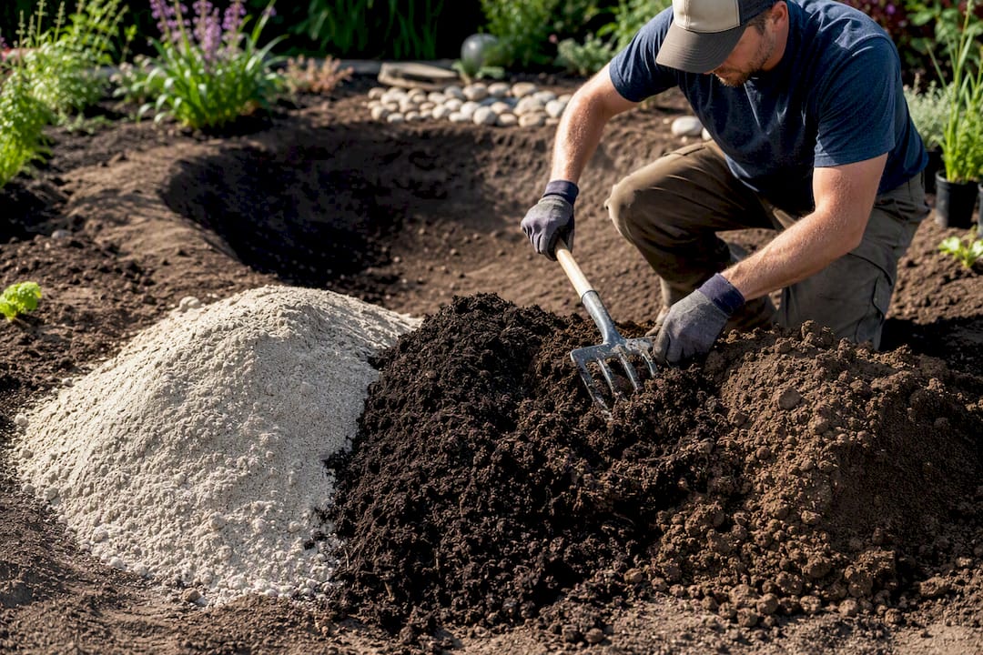 Sand compost and topsoil for rain garden
