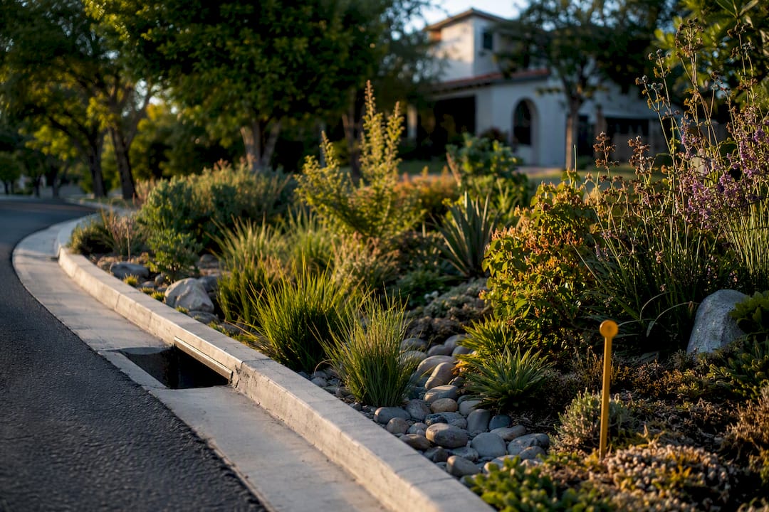Mature bioswale filtering runoff beside home