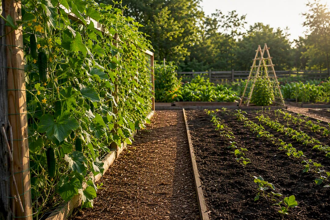 Trellis vines casting shade over garden plots