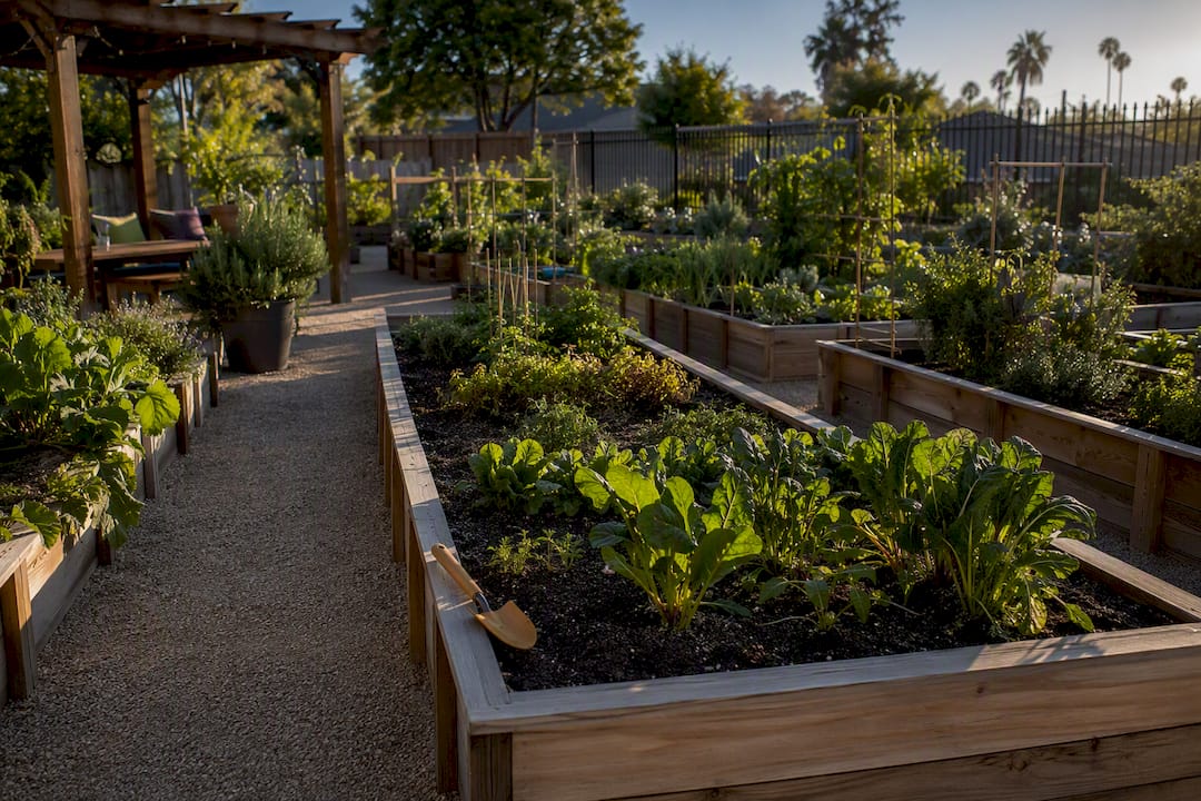 Organized community garden with shared growing beds