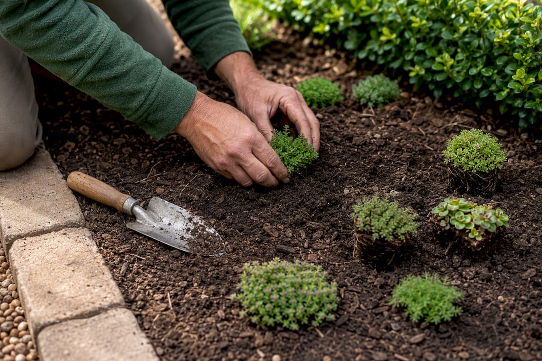 Hands planting drought tolerant groundcover plugs