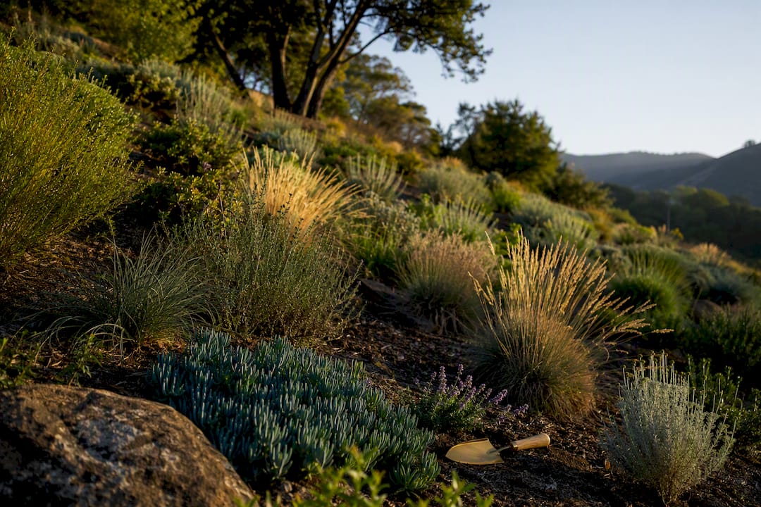 Layered drought-tolerant plants stabilizing hillside