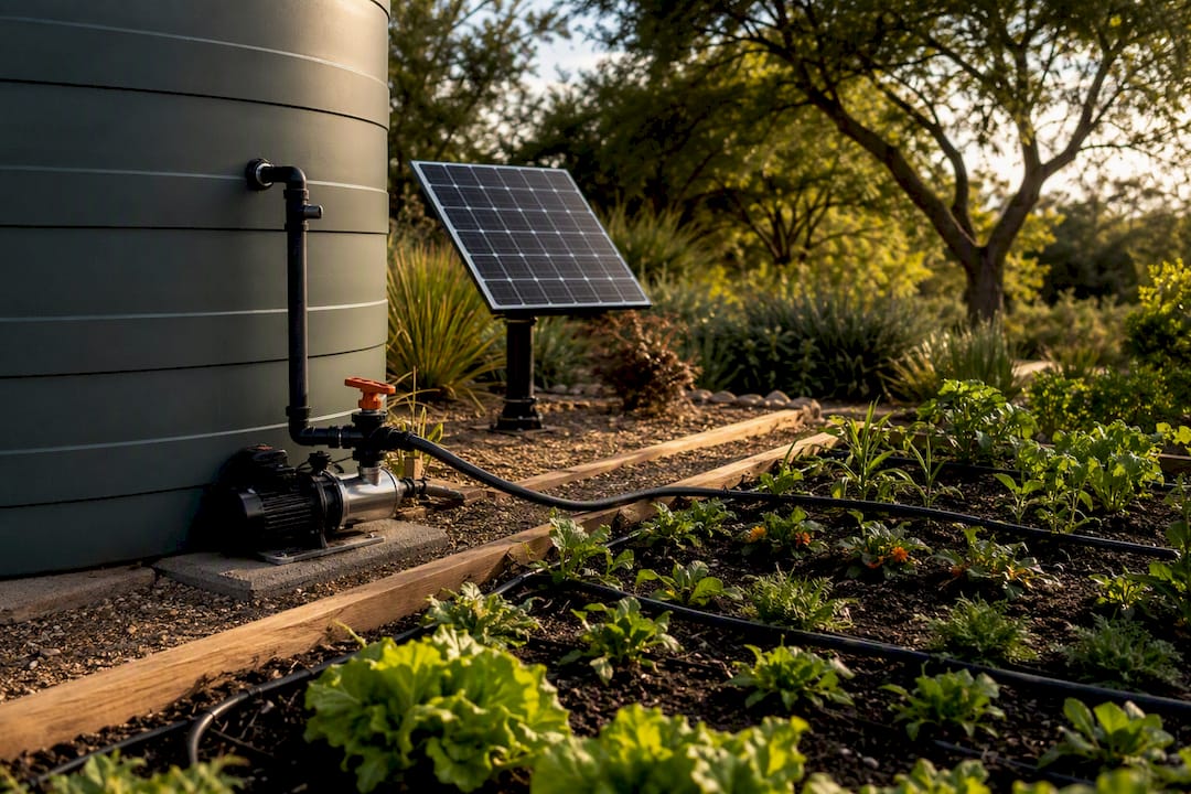 Solar irrigation system watering drought-tolerant garden