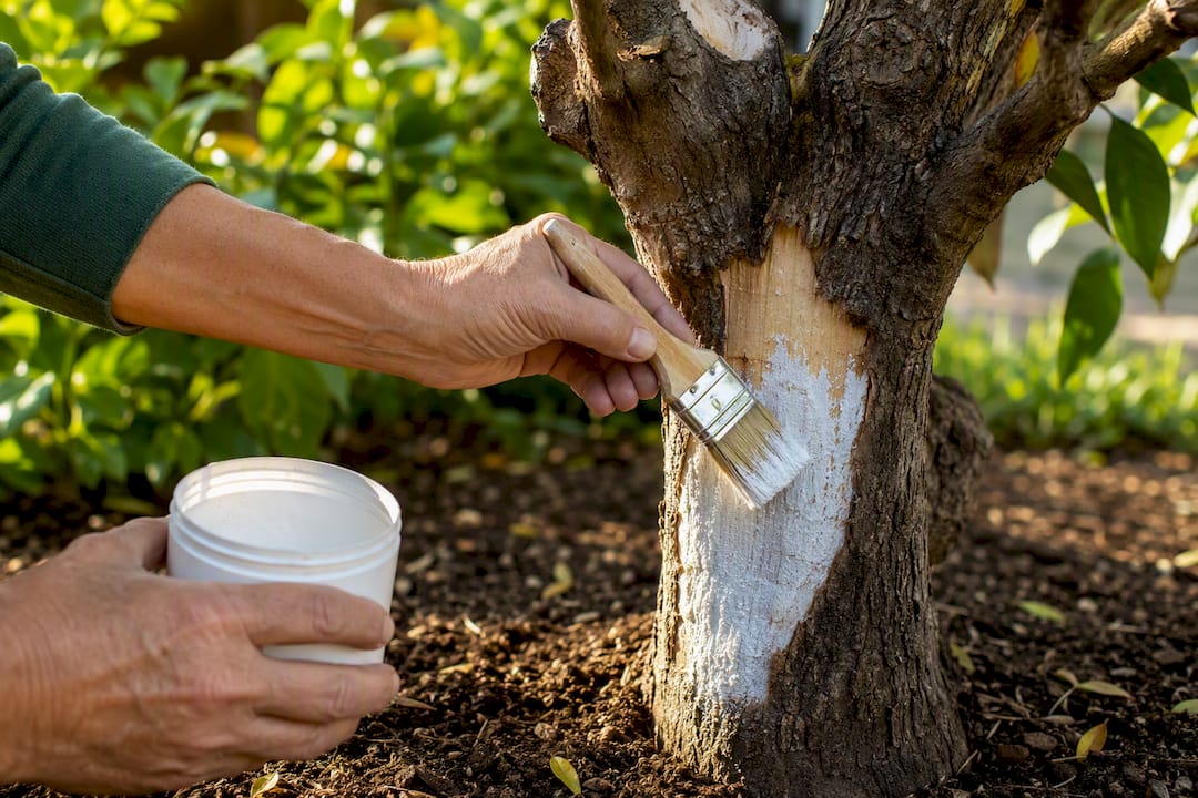 Hands painting exposed citrus trunk bark