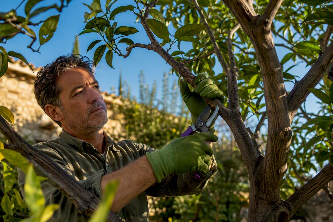 Gardener pruning a citrus tree beneath leafy canopy