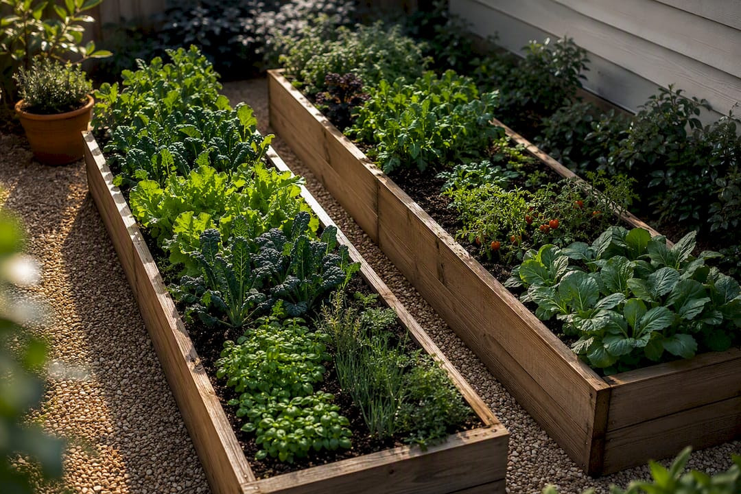 Compact raised bed kitchen garden layout
