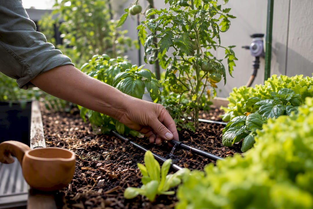 Drip line watering vegetables at soil level