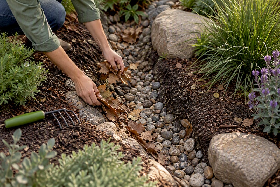 Clearing debris from a backyard rain garden