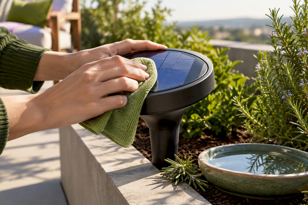 Hands cleaning a solar garden light panel