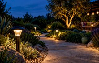 Layered solar lighting across a drought-tolerant garden
