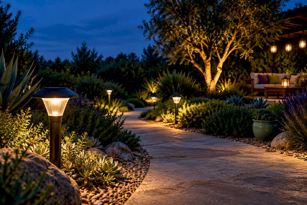 Layered solar lighting across a drought-tolerant garden