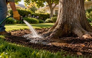 Deep watering around mature tree roots