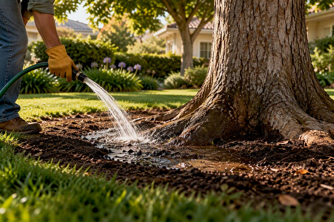Deep watering around mature tree roots