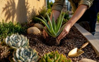 Hands planting succulents in gritty Los Angeles soil