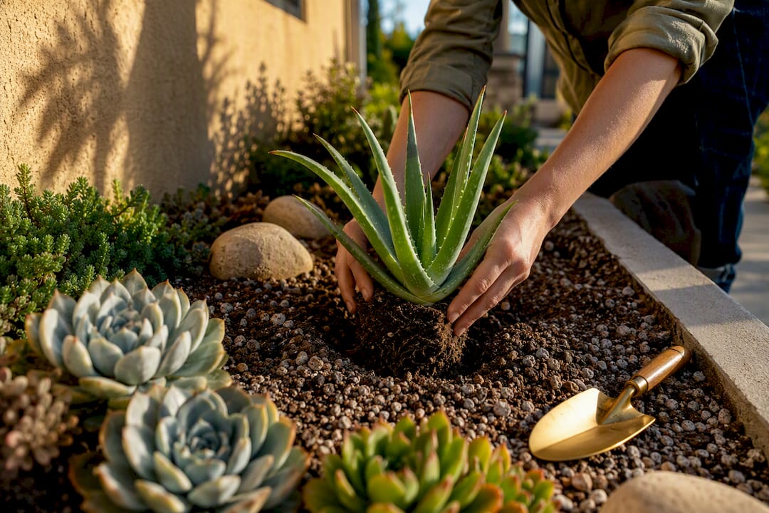 Hands planting succulents in gritty Los Angeles soil