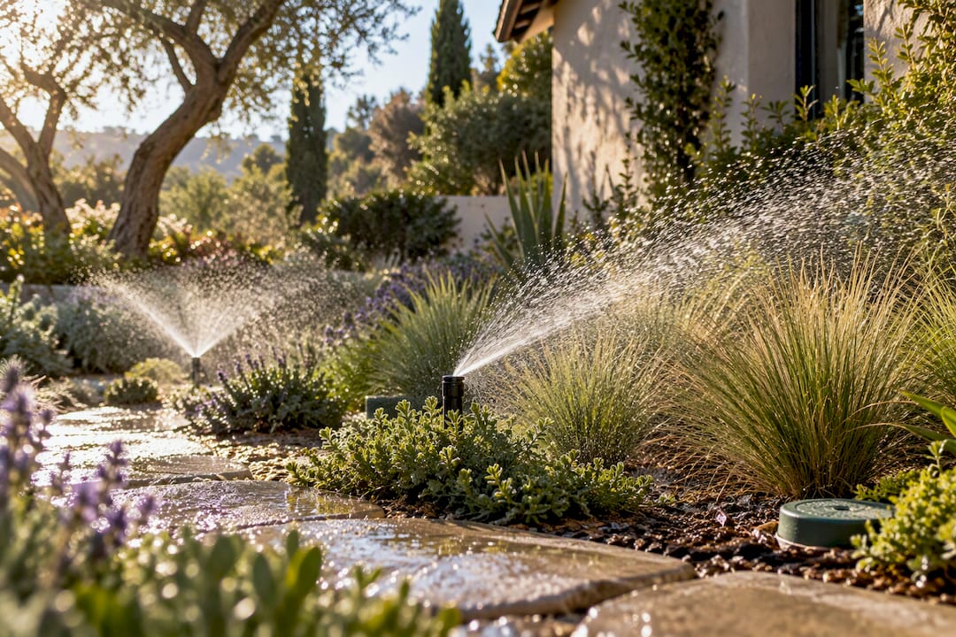Sprinklers watering a Los Angeles garden