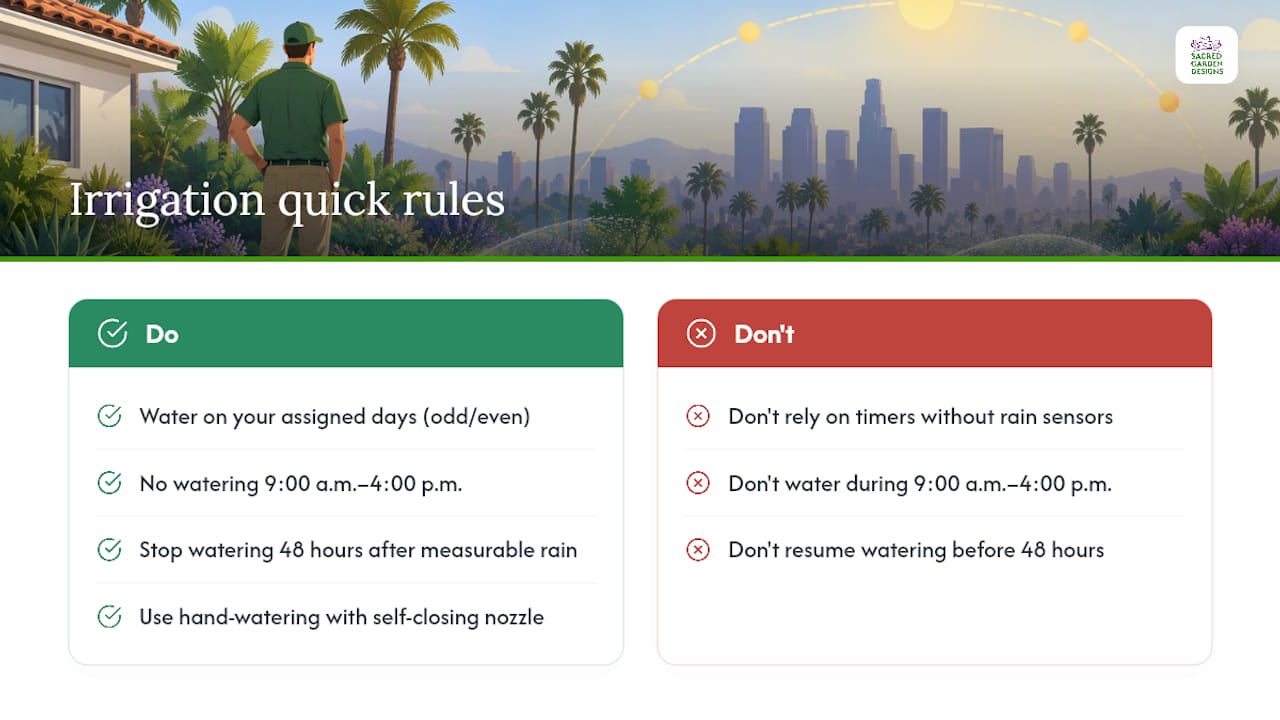 Irrigation Schedule Los Angeles: Days, Hours, and the Rain Rule — overview diagram