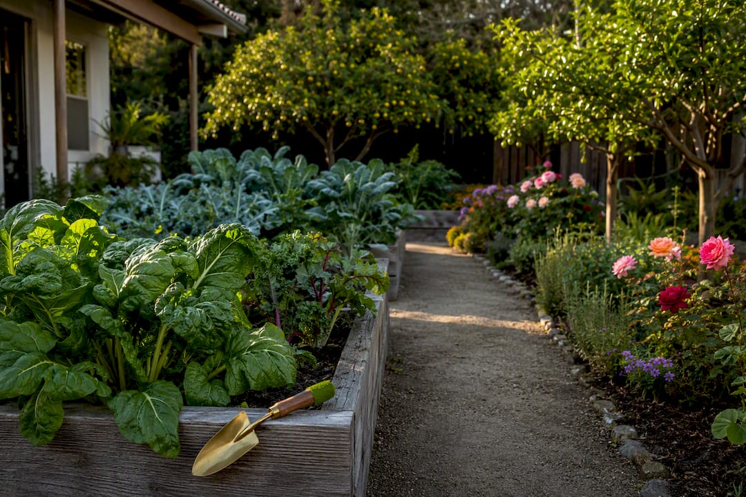 Edible garden blending vegetables and ornamentals