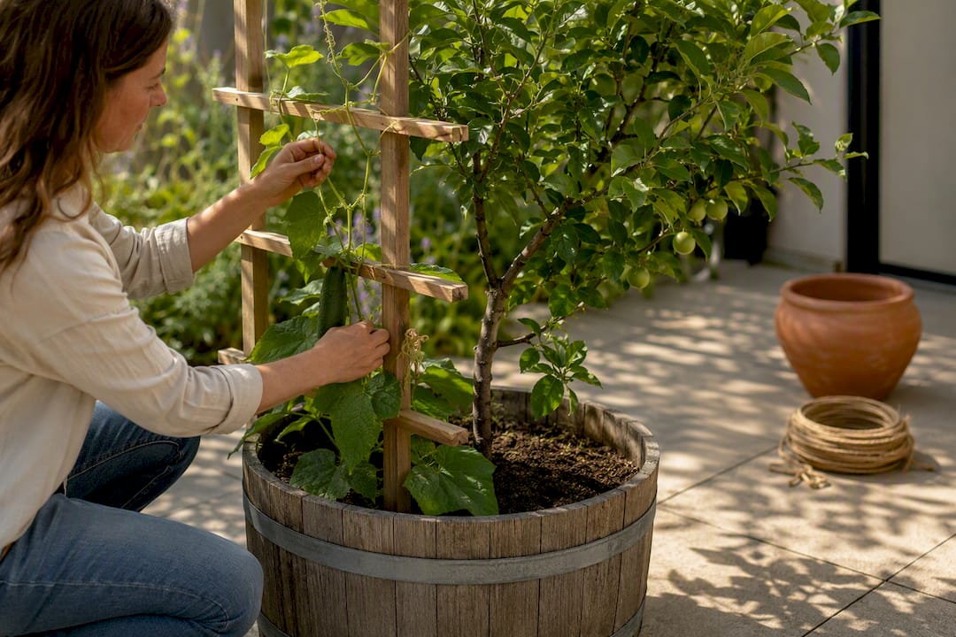 Cucumber vine and dwarf fruit tree containers