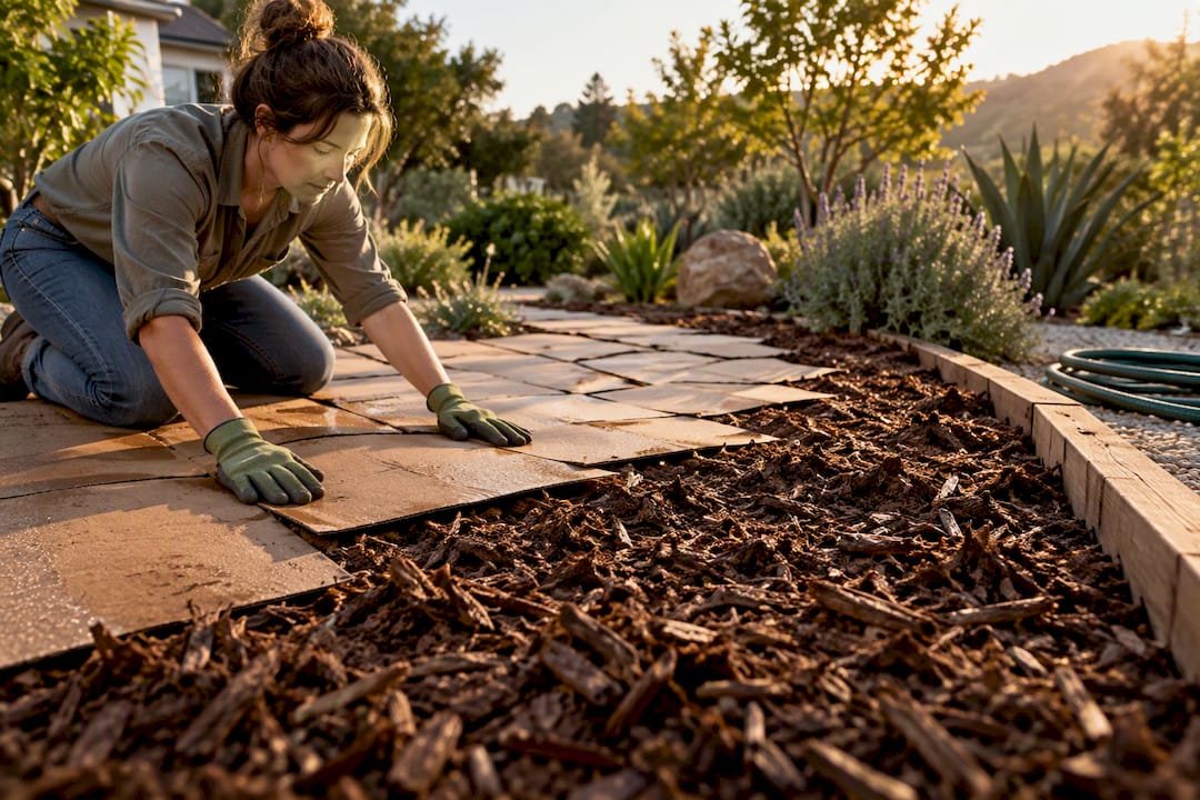 Damp cardboard beneath fresh garden mulch