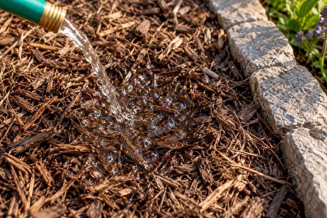 Water beading on hydrophobic garden mulch