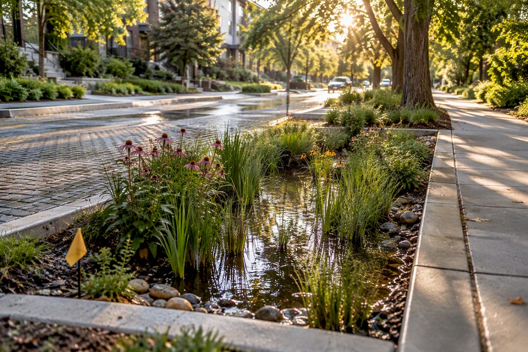 Urban rain garden beside permeable paving