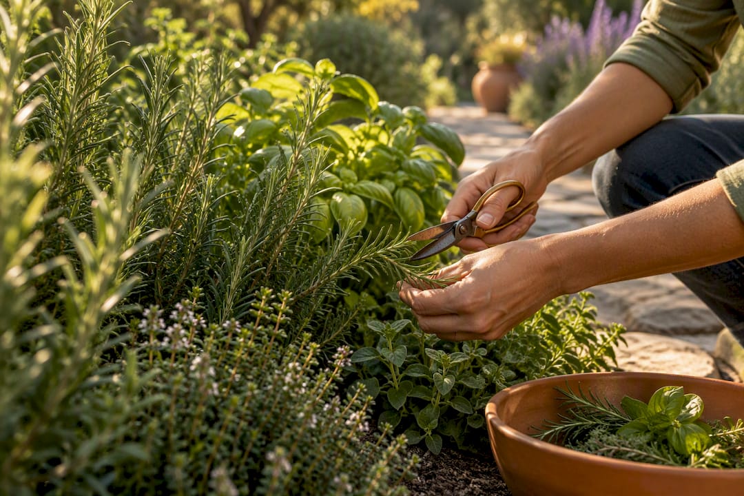 Hands harvesting aromatic herbs in a garden