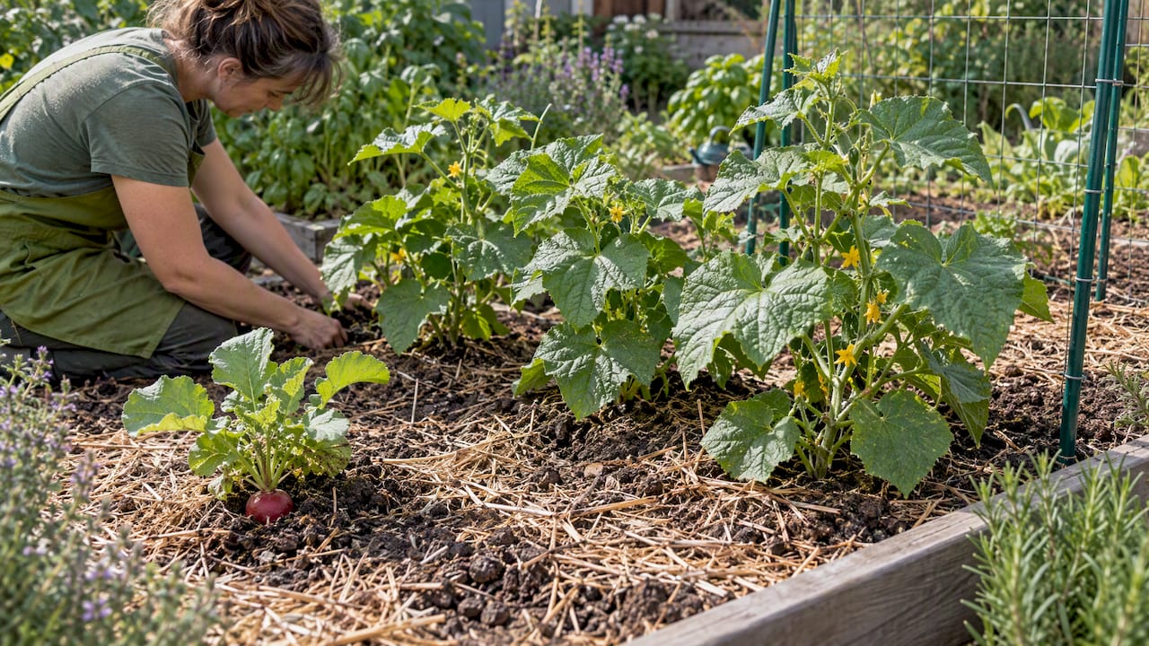 Cucumber plants with nearby radish trap crop