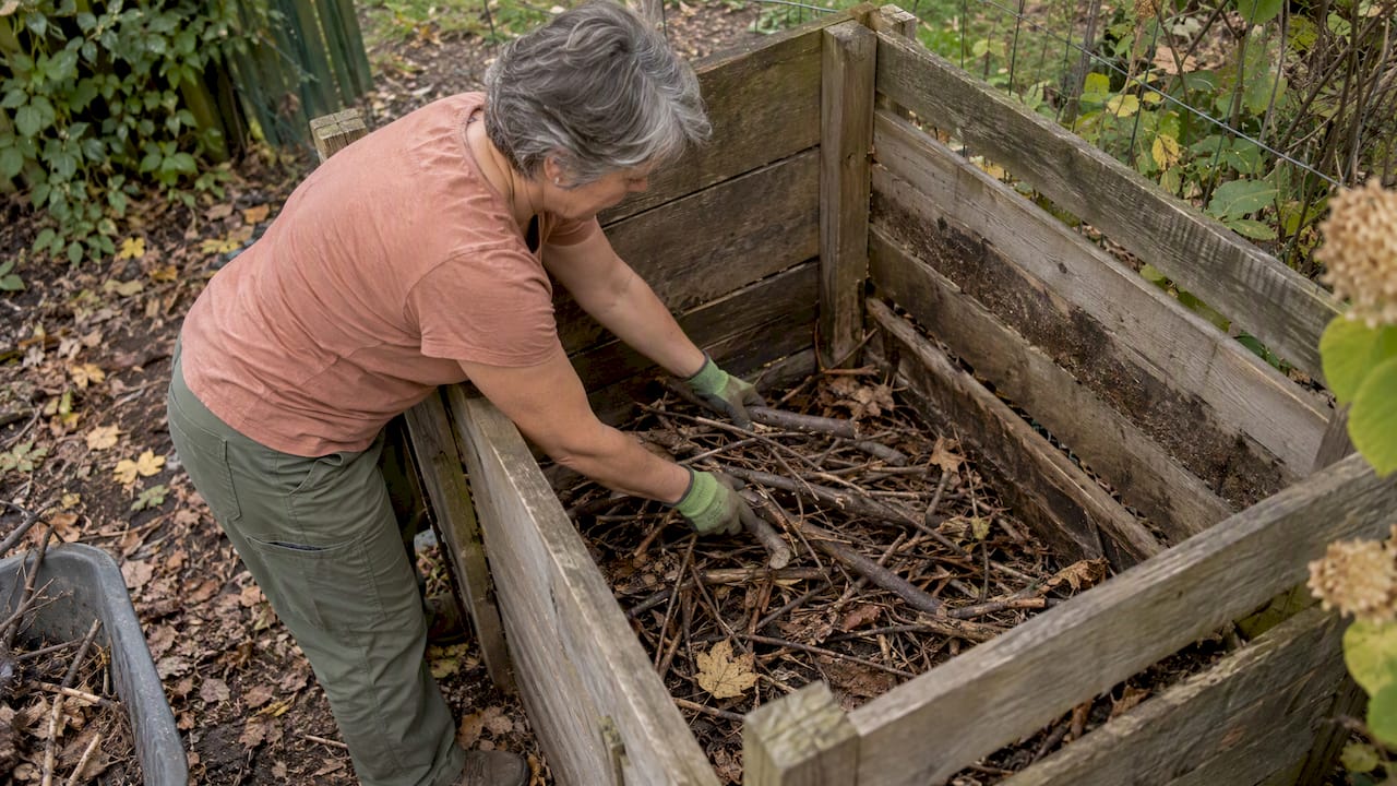 Gardener building coarse compost base layer