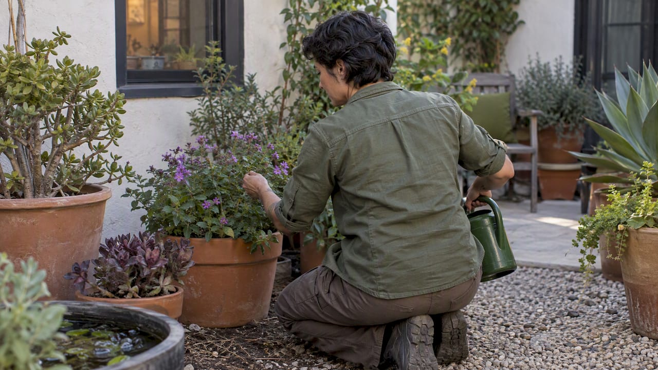 Adult tending drought-tolerant courtyard plants