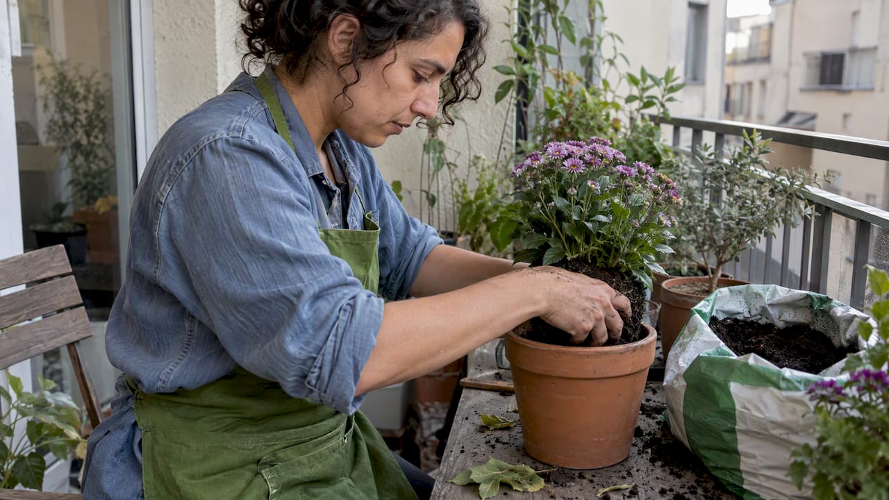 Hands repotting a flowering plant